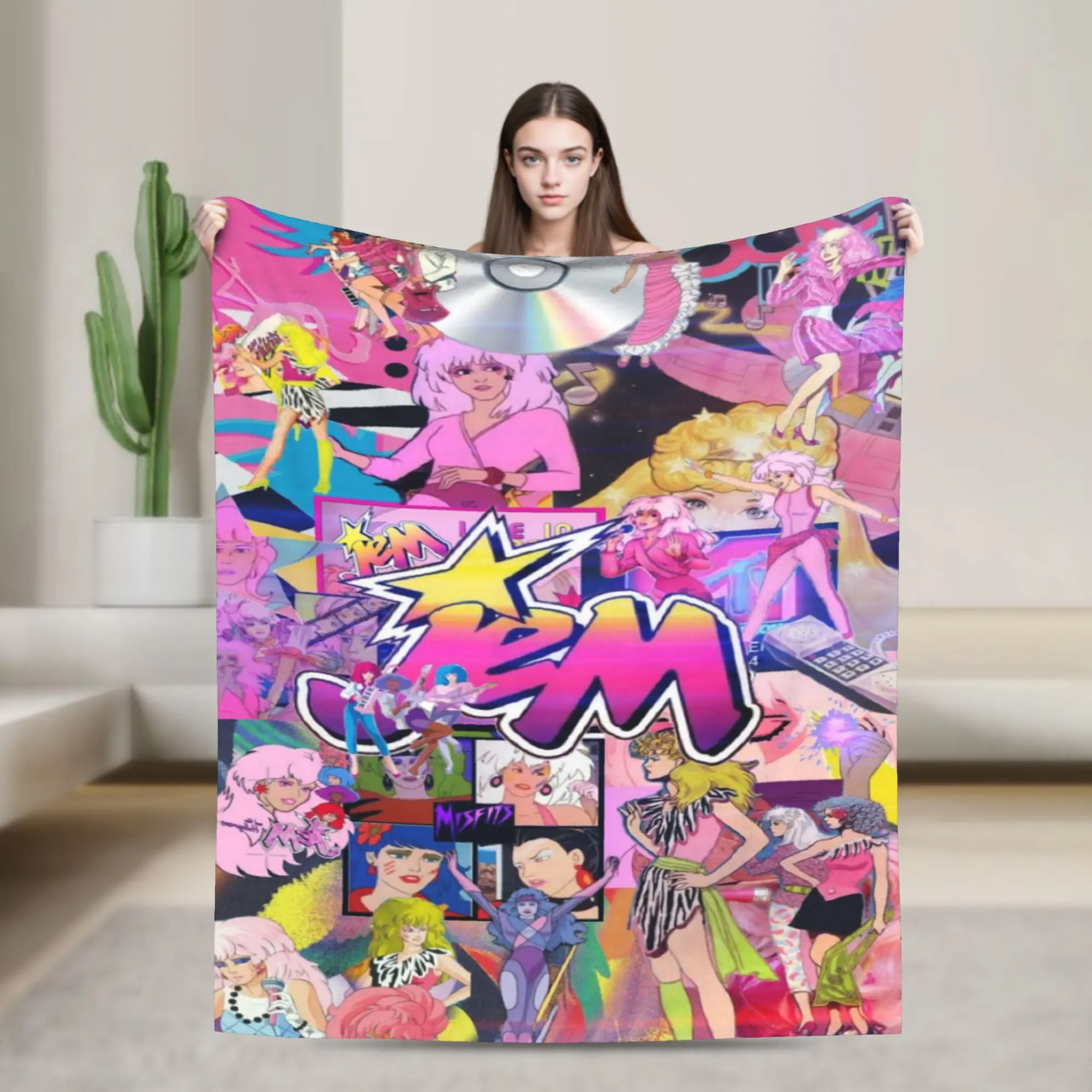 Jem and The Holograms All Character Scrapbook Collage Throw Blanket Soft Fluffy Flannel Fleece Warm Sofa Bed Blanket Rainbow Star Jem Logo 80s Glam Rock Girl Cartoon Y2K Aesthetic Girls Room Decor Fan Gift