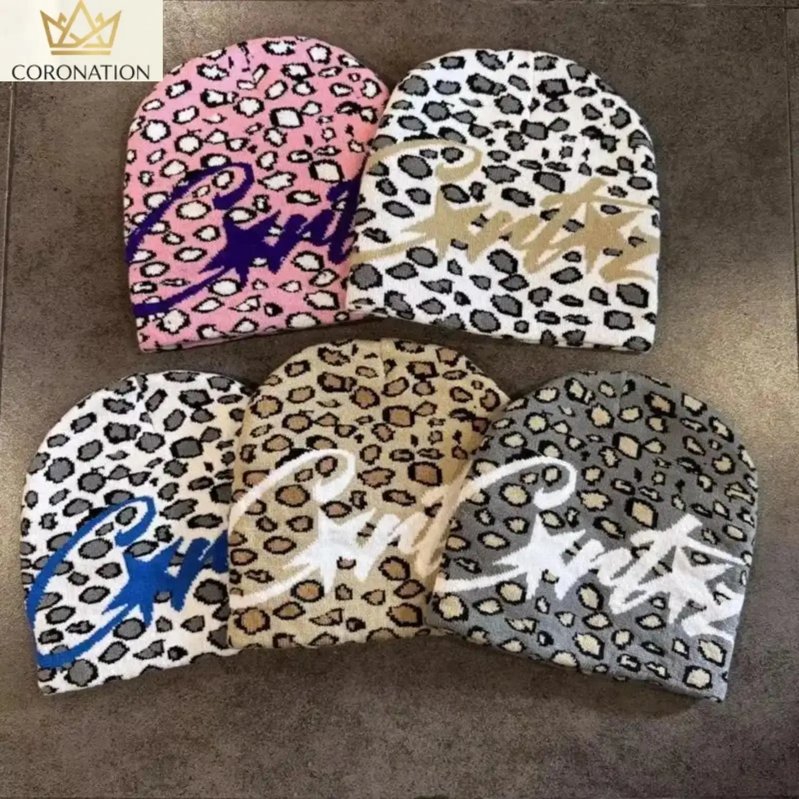 Y2K Leopard Print Beanie Hat, Grunge Aesthetic Slouchy Knit Skull Cap with Script Embroidery, Soft Stretch Lightweight Warm Winter Hat for Women Men, Retro Streetwear Accessory for Fall Outfits, Daily Casual Wear & Travel Style