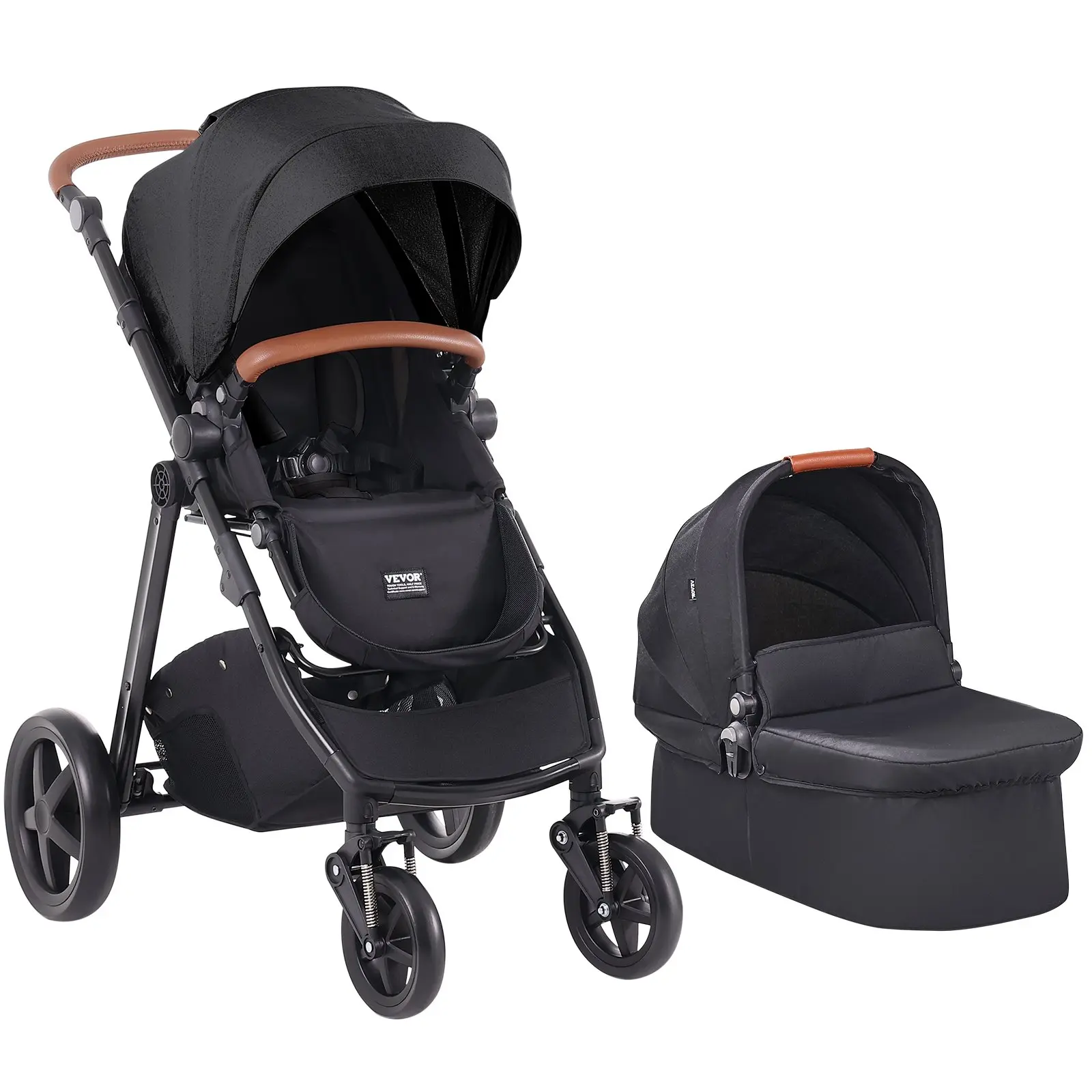 【toolupgrade】VEVOR Travel System Stroller with Infant Bassinet, 2-in-1 Baby Cradle Stroller Combo, Reversible Seat, Easy One-button Folding, EVA Tires with Brake Aluminum Stroller Carseat Combo Set (Black)