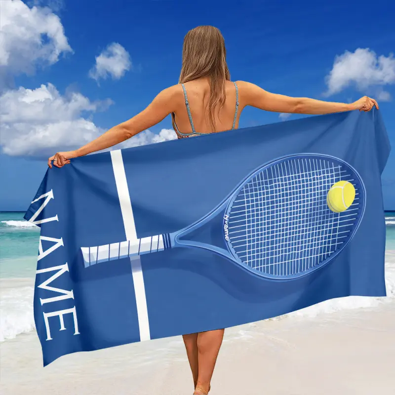 Custom Name Tennis Racket Print Thick Cotton Contemporary Character Microfiber Beach Towel - Quick-Dry, Absorbent, Machine-Washable, Drying Body, Ultra-Portable - Ideal for Summer Beaches, Sports Lovers, Water Sports