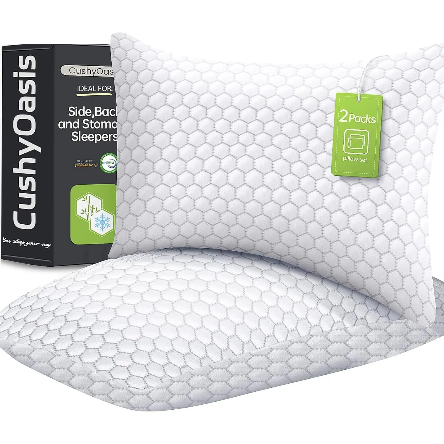 Cooling Pillow for Sleeping, Pillows Queen Size Set of 2, Gray| CertiPUR-US Shredded Pillows, Cool Bed Pillow for Hot Sleepers, Firm for Side, Back, Stomach Sleepers