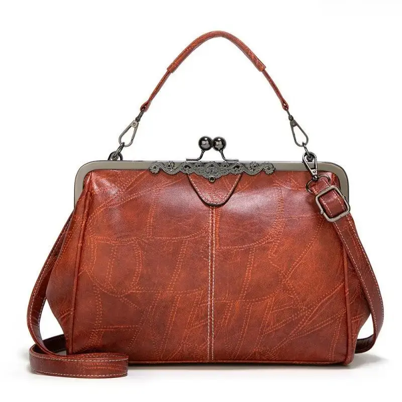 Women's Vintage PU Leather Crossbody Shoulder Bag - Viral Large-Capacity Kiss Lock Satchel, Lightweight Fashion Crossbody Purse Handbags for Casual Use, Retro Smooth Faux Leather Daily Accessory for Shopping Dates