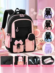 Girls' Princess Cute Backpack, Student School Bag, Lightweight Shoulder Bag, Simple Bow Design, High School Casual Travel Bag