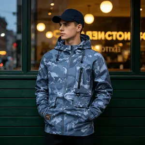 Viral Men’s Camo Zip Up Hooded Fleece Jacket, Drawstring Pocket Long Sleeve Coat, Regular Fit Waterproof Outerwear, Trending Fall Winter Essential Streetwear For Daily Outdoor OOTD