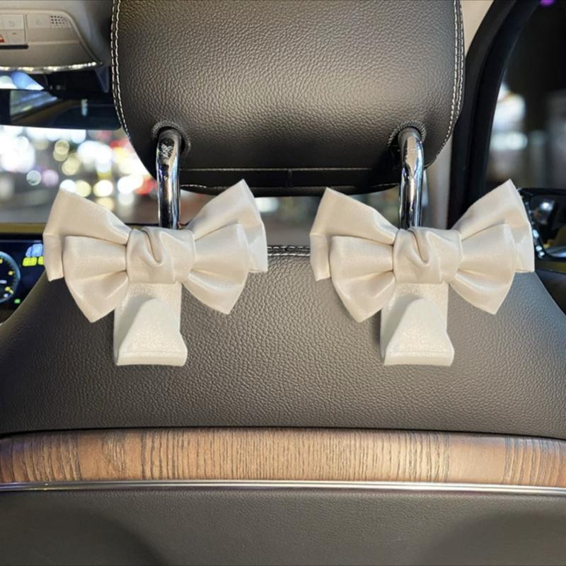 Cute Bowknot Car Seat Back Hooks 2Pcs, Premium Leather Dual Capacity Car Storage Hooks, Easy Install Interior Car Accessories Must Have,Cute Car Accessories for Women