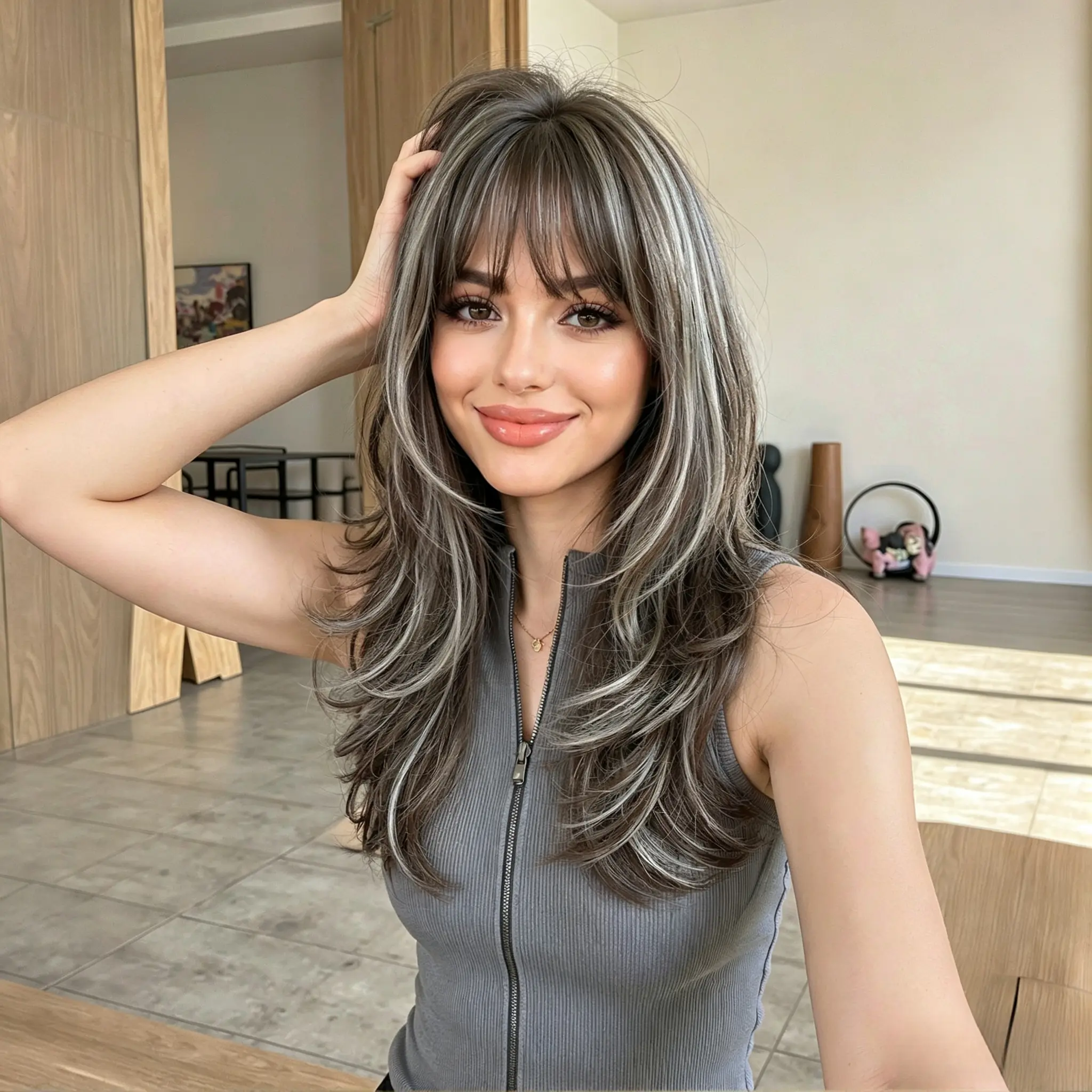 Women's 20-Inch Ombre Wig with Long Wavy Curls and Bangs, Brown to Silver Gray Style for Festivals & Masquerade Wear, Ombre Effect, Female Wig