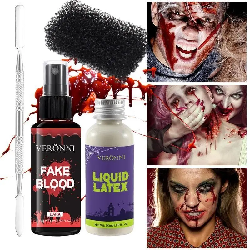 Veronni Halloween Makeup Kit, Includes Blood Spray Bottle, Liquid Latex, Dual-Ended Sculpting Tool, Sponge, Perfect for Zombie, Vampire, Monster Makeup