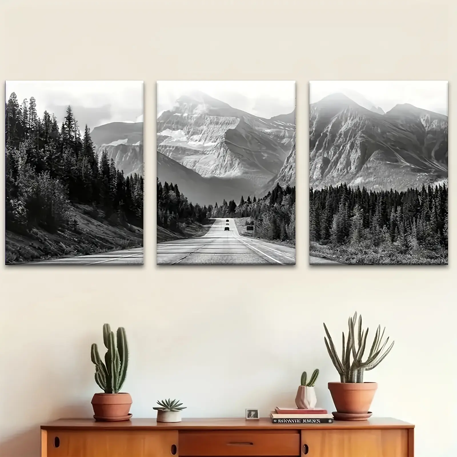 2D Flat Print Wrapped Canvas Print Set of 3, Wood Framed Black White Mountain Landscape Canvas Wall Art, Creative Art Design, Ideal Decor Gifts For Living Room, Bedroom And Office, Suitable For Christmas And April Fools' Day
