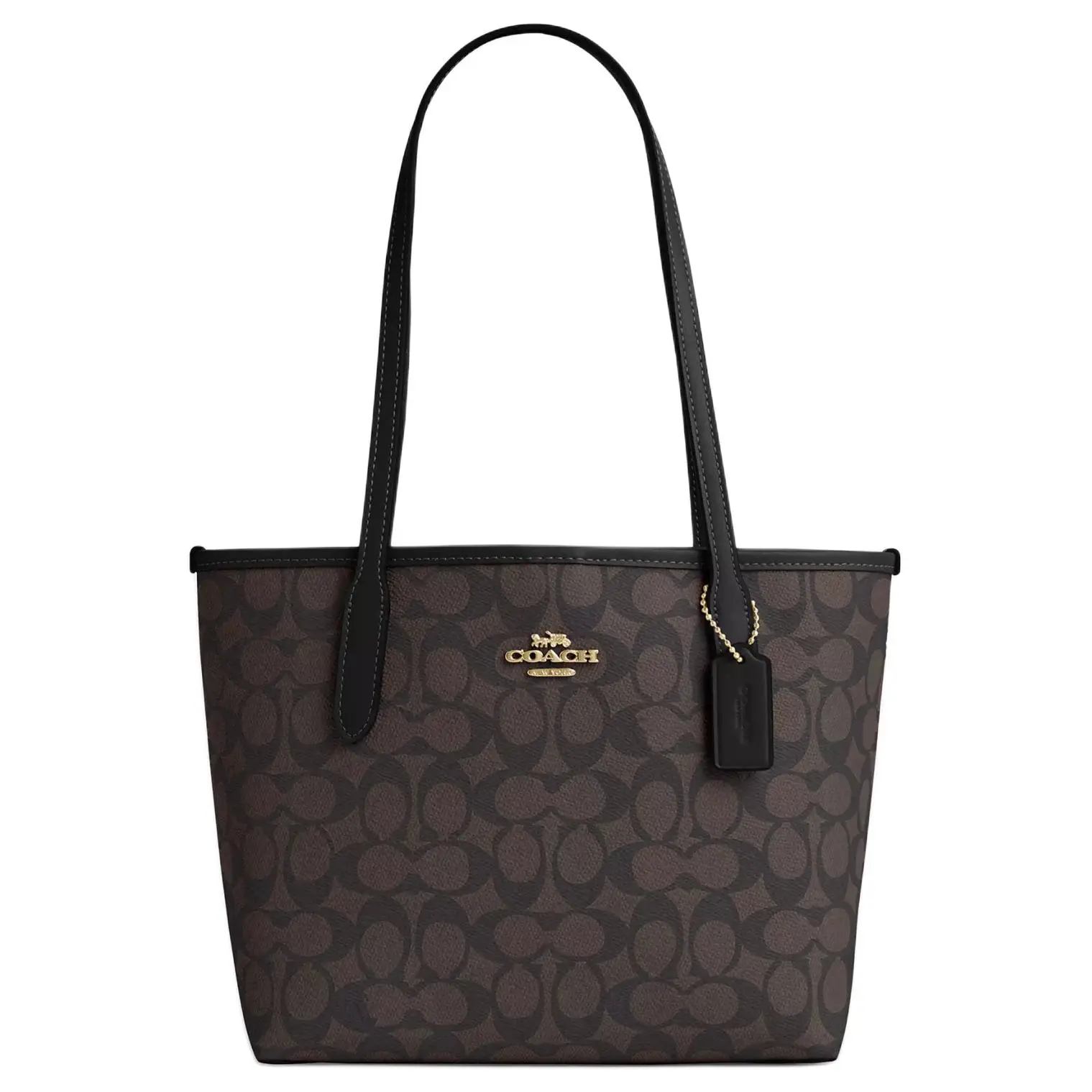 COACH City 23 Classic Monogram Metal Logo Tote Bag for Women – Walnut and Black Faux Leather Medium Shoulder Handbag