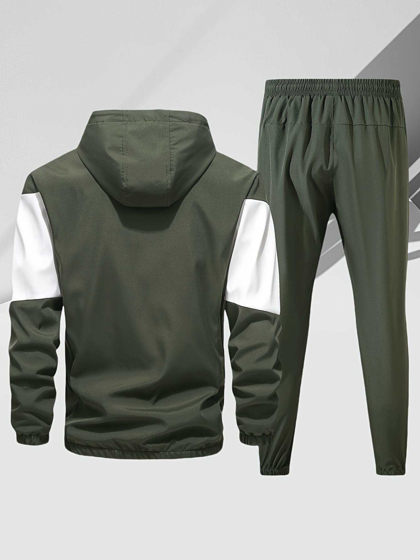 Men's casual two-piece set, stylish contrasting zipper hooded jacket, breathable solid color drawstring pants