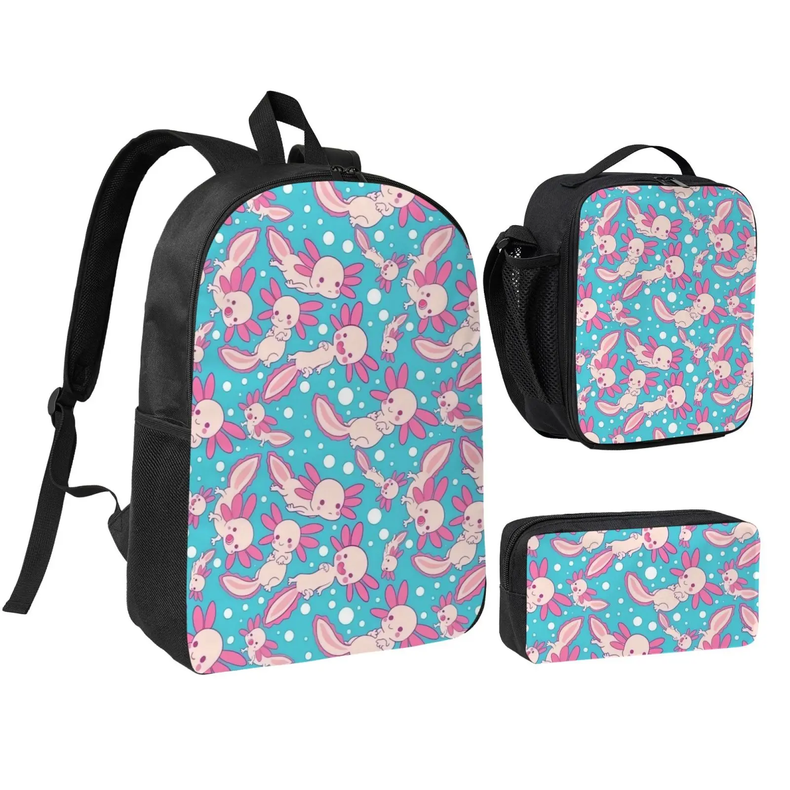 Unisex Axolotl4 3Pcs Anime Backpack Set for Teen Boys Girls, Adjustable Strap School Bookbag with Insulated Lunch Bag & Pencil Case, Lightweight Daypack for School Travel Office