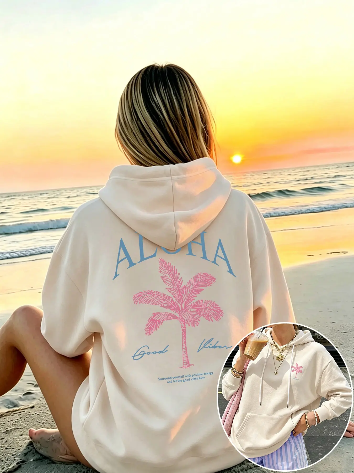 Women's Coconut Tree Print Hoodie with Large Pockets, Fall Winter Warm Casual Top, Comfortable and Stylish, Daily Wear and Travel