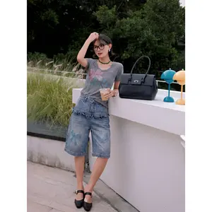TCH Y2K Butterfly Denim Bermuda Shorts – High Waist Vintage Wash, Ruffle Waist Detail, Sparkle Rhinestone Wing Print, Euro-American Streetwear Summer Essential, Relaxed Fit Statement Piece