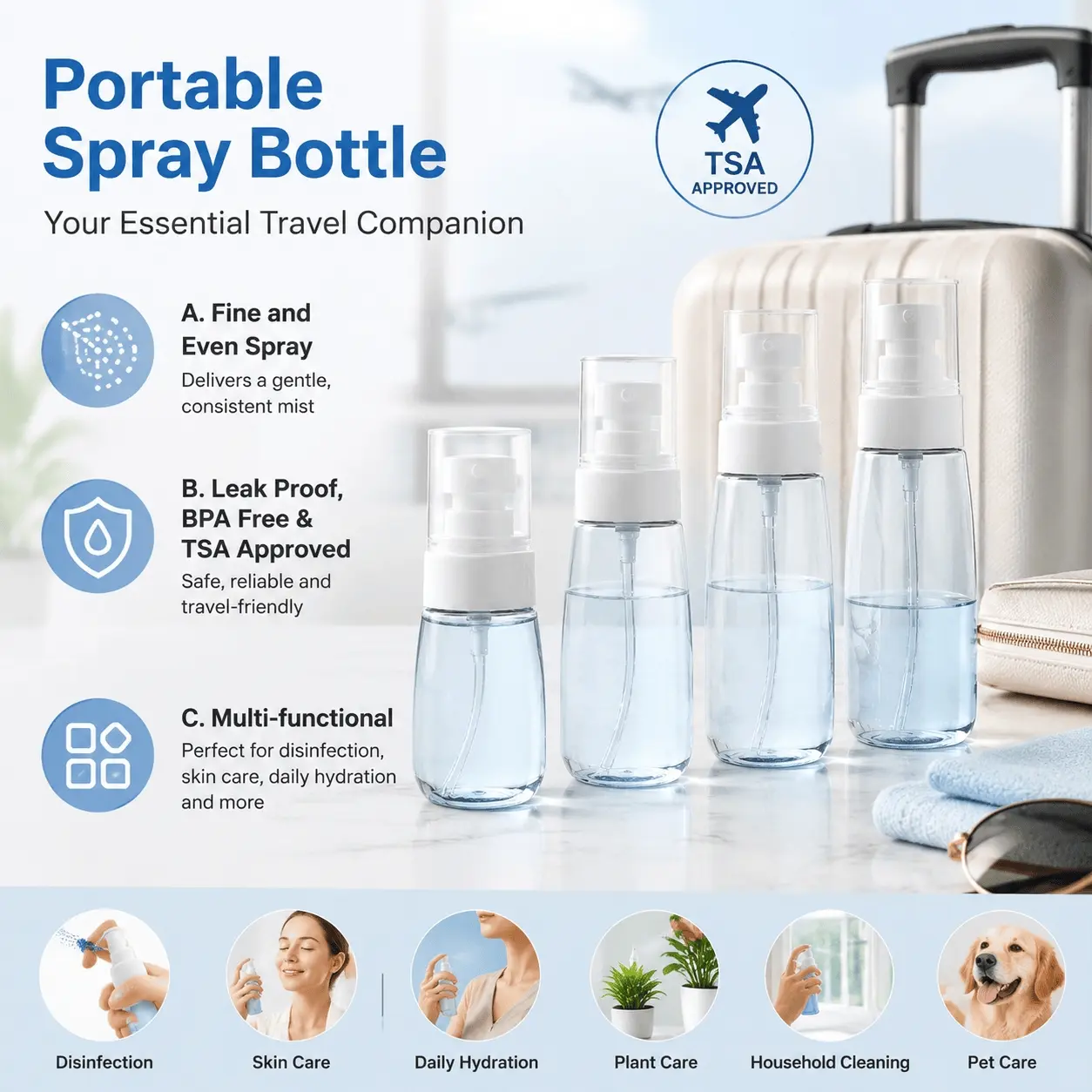 4-Pack Ultra-Fine Mist Spray Bottles, Refillable & Portable, Professional Alcohol Disinfecting & Cleaning, Travel & Home Use - Efficient Sprayer