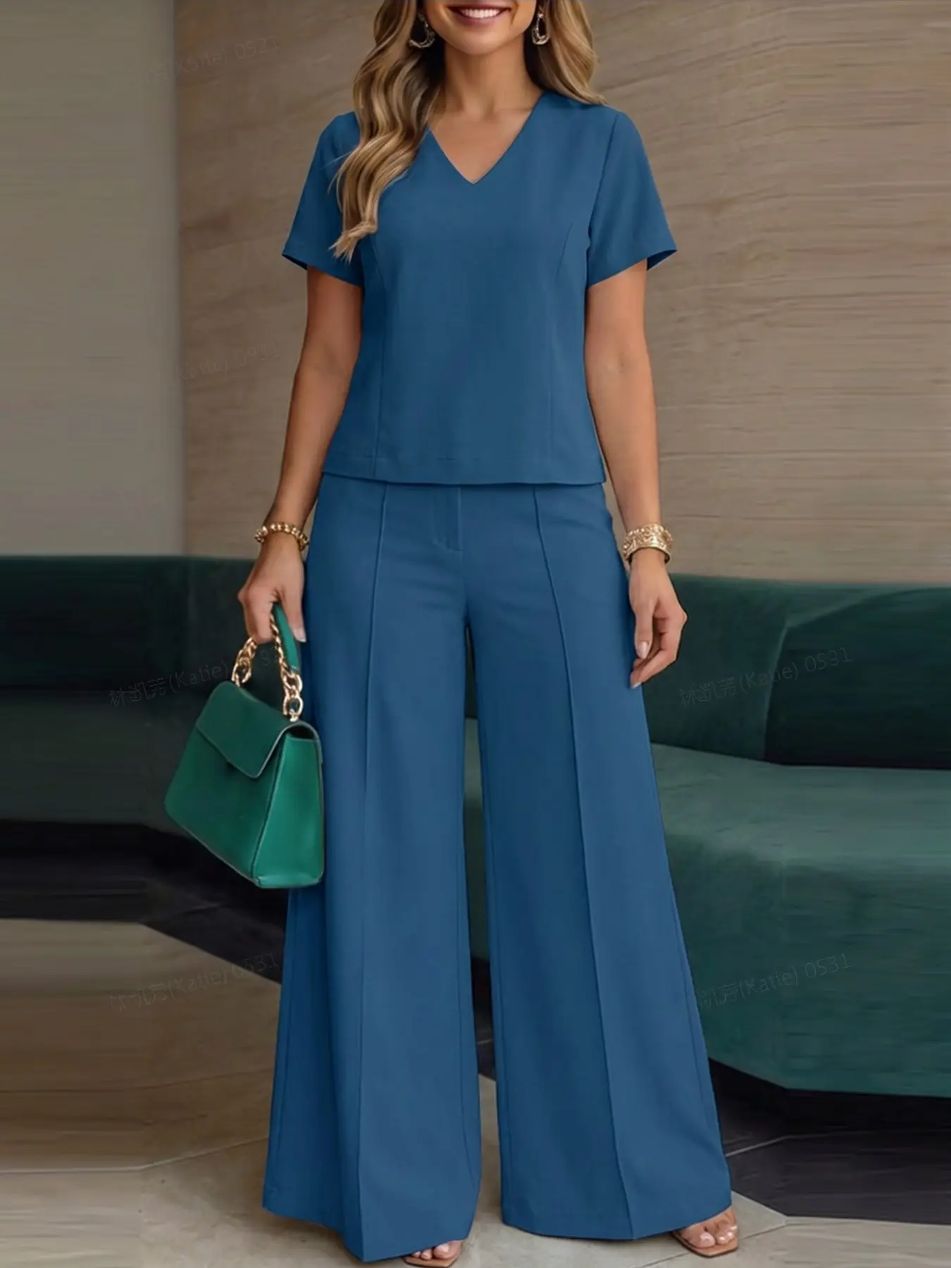 ZANZEA Women's Elegant Chic Solid Color Set, Suits, Short Sleeve V Neck Shirt + Pants Back Waist Elastic Striped Pocket Wide Leg Long Pants, Elegance