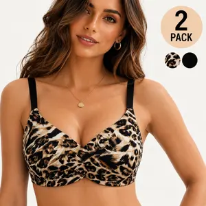 Women's 2 Pack Leopard Print Jelly Bras, Wireless Full Coverage T-Shirt Bra, No Underwire Comfortable Seamless Everyday Support Bra