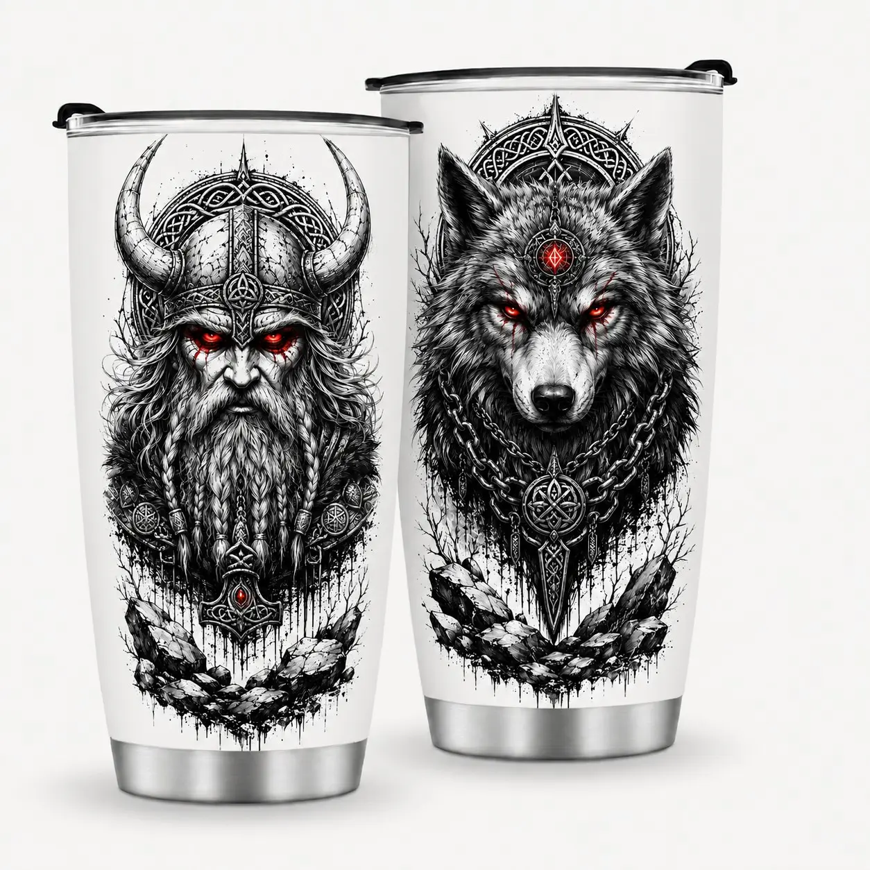 20 oz Viking Wolf Tumbler, Stainless Steel Insulated Travel Cup with Lid, Norse Warrior Gift for Men, Wolf Lovers and Fantasy Fans, Insulated Vacuum Tumbler, Drinkware