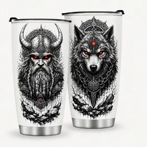 20 oz Viking Wolf Tumbler, Stainless Steel Insulated Travel Cup with Lid, Norse Warrior Gift for Men, Wolf Lovers and Fantasy Fans
