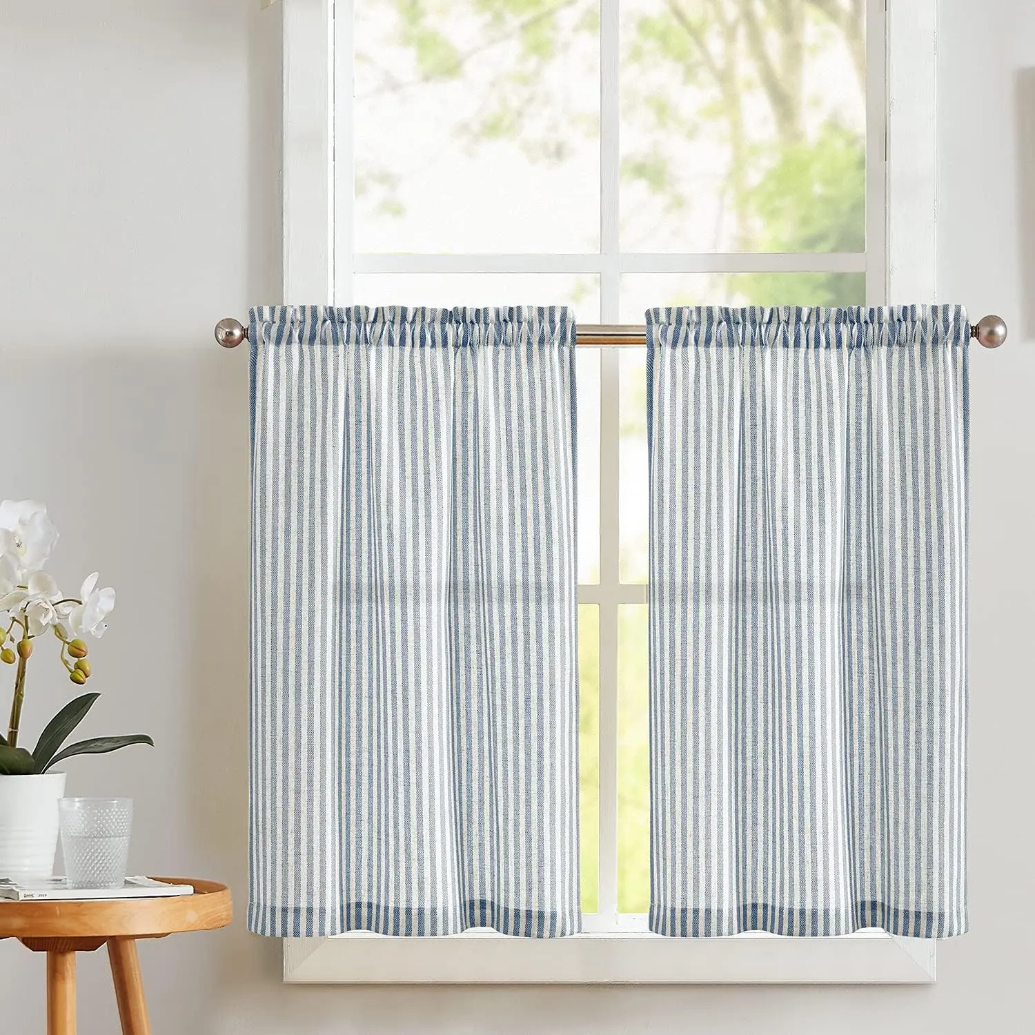 Blue Stripe Linen Tiers Curtains 24 Inch Farmhouse 2 Panels | Light Filtering, Semi Sheer, for Kitchen, Living Room, Tickingstripe Drapes, Pinstripe, Window Treatments