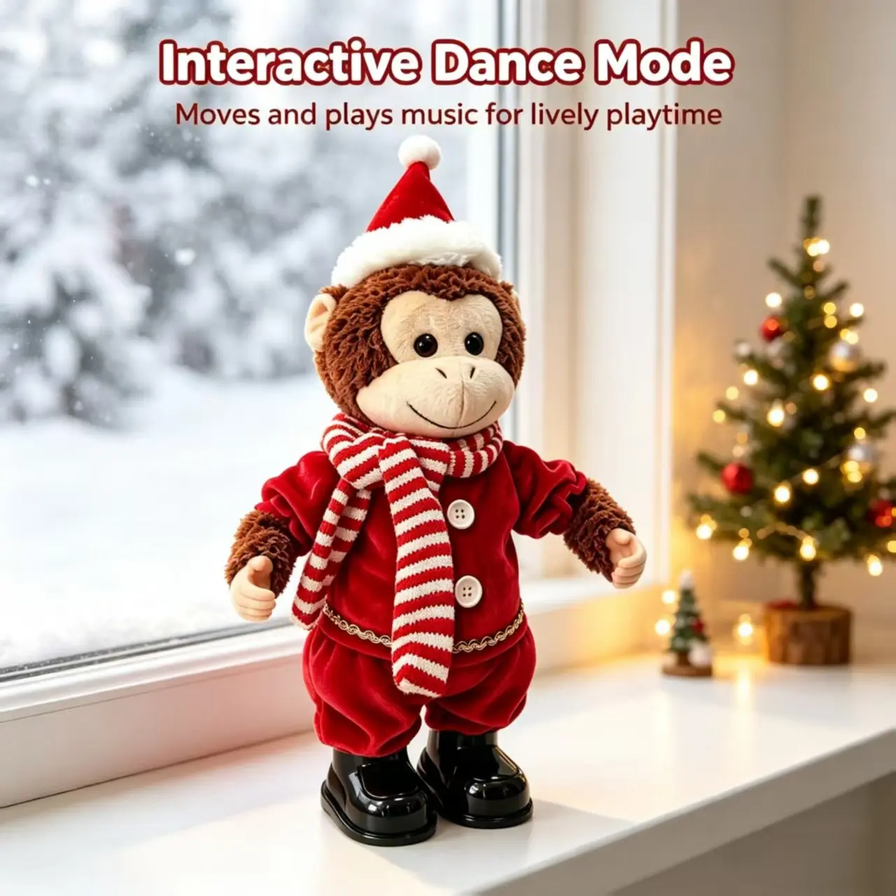 Christmas Monkey Electric Dancing Plush Doll, Striped Scarf Christmas Monkey Music Box, Festive Electric Twisting Santa Monkey Ornament