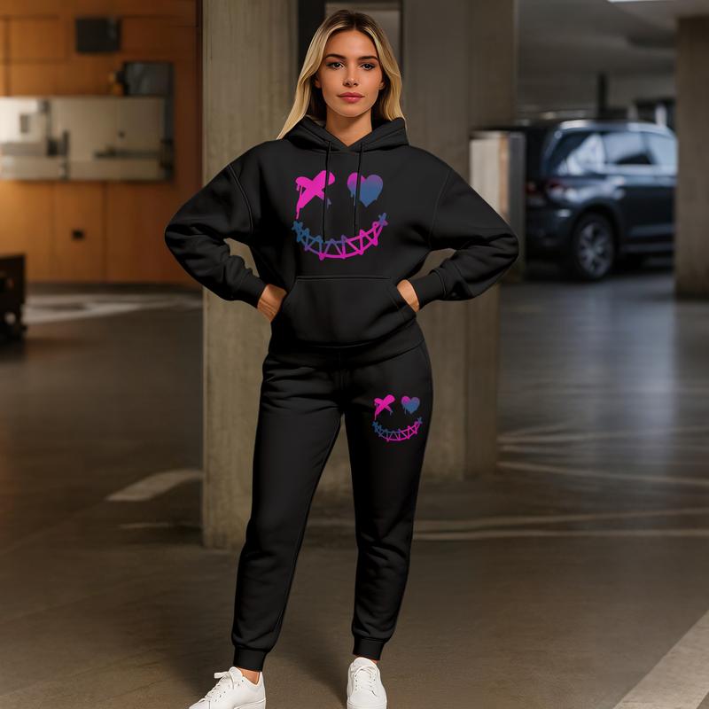 Women's Graffiti Smiley Print Hoodie and Drawstring Track Pants Set, Long Sleeve Hooded Sweatshirt and Jogger Outfit with Pockets, Casual 2 Piece Fall Winter Sportswear, Trendy Streetwear Tracksuit Set for Indoor Outdoor Daily Wear