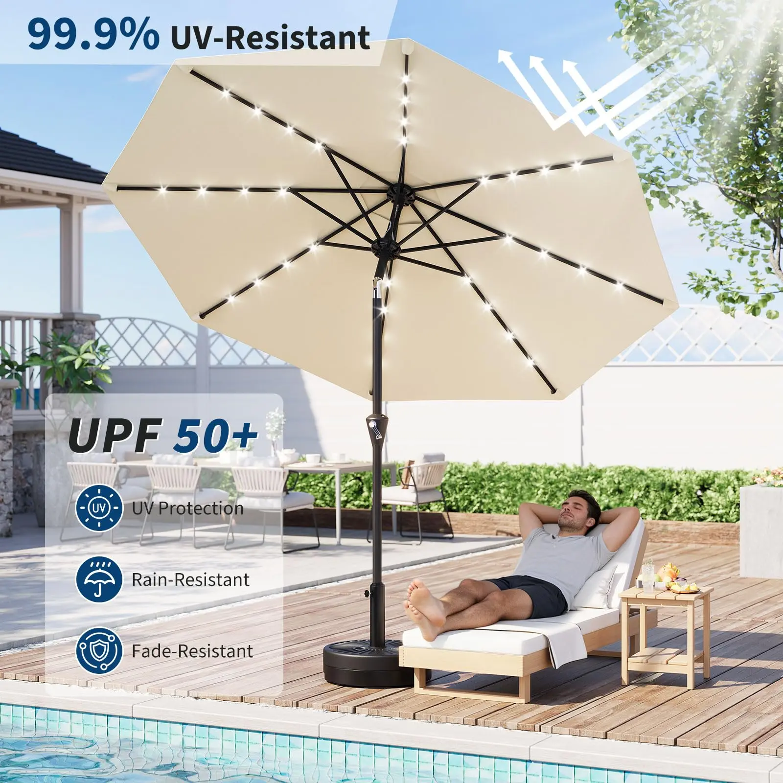 GAOMON 10FT Solar Patio Umbrella with 32 LED Lights – Waterproof, UV Protection, 8 Sturdy Ribs, Crank Lift & Tilt – Outdoor Table Umbrella for Garden, Pool, Deck, Patio – Easy Assembly, Not Includes Base