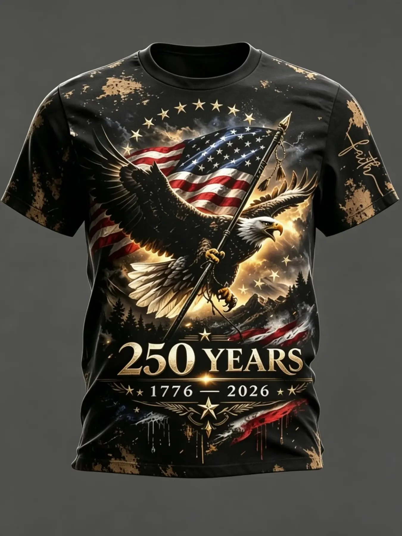 Men's 250th Anniversary Free Eagle Print Casual T-Shirt, Breathable Business Casual Top, 3D Digital Print, Long Slim-Fit Short Sleeves