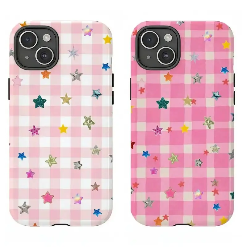Pink Gingham Colorful Glitter Star Multi‑Color Pack 2‑in‑1 Phone Case - Compatible with  S26/S25/S24/S23/S22/S21, iPhone 17/16/15/14/13/12/11 phone cases. Drop‑Resistant, Non‑Slip, and Fade‑Resistant. The Perfect Gift for Cute and Y2K Style Lovers.