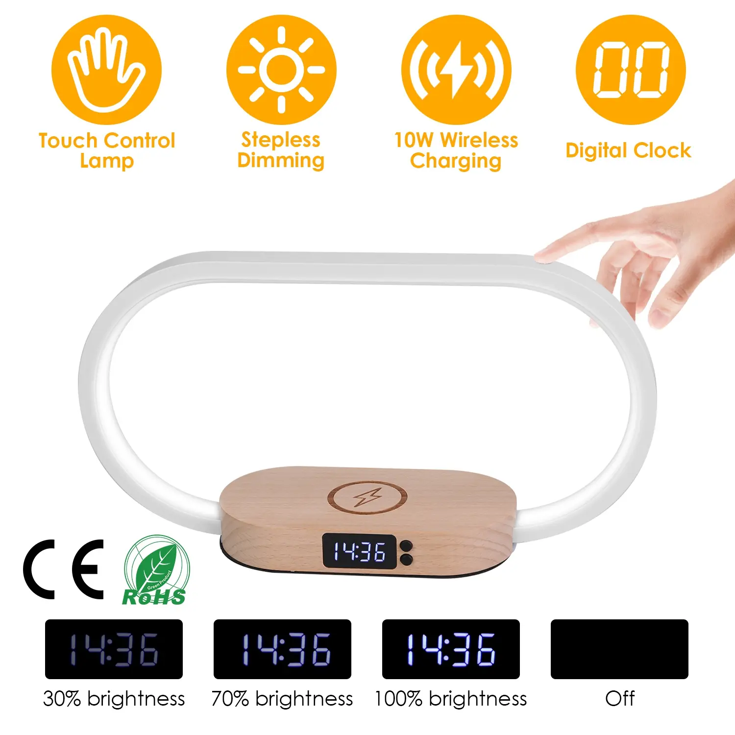 Minimalist Touch Control Bedside Table Lamp with Clock, Wireless Charging, Dimmable LED, for Indoor Recreation Nightstand Reading