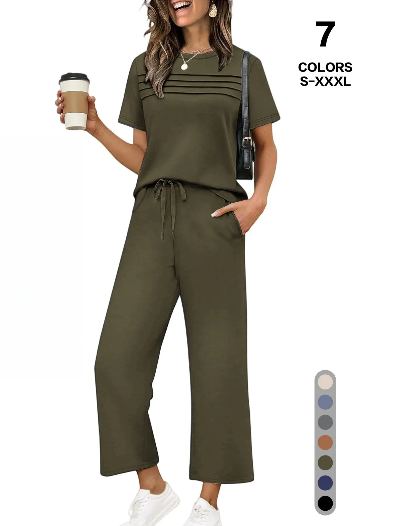 Women's 2-Piece/4-Piece Casual Short-Sleeve Solid Sleepwear Set, Breathable Top & Drawstring Pants with Pockets, Daily Commuter Outfit