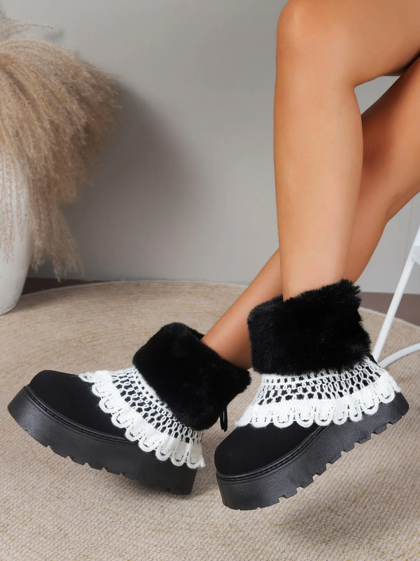Women's Soft Fabric Foldable Fuzzy Cuff Platform Mid Ankle Snow Boots, White Hollow Lace Ruffle Trim Warm Plush Lined Non-Slip Rugged Thick Sole Slip On Winter Booties for Cold Weather Daily Outfits