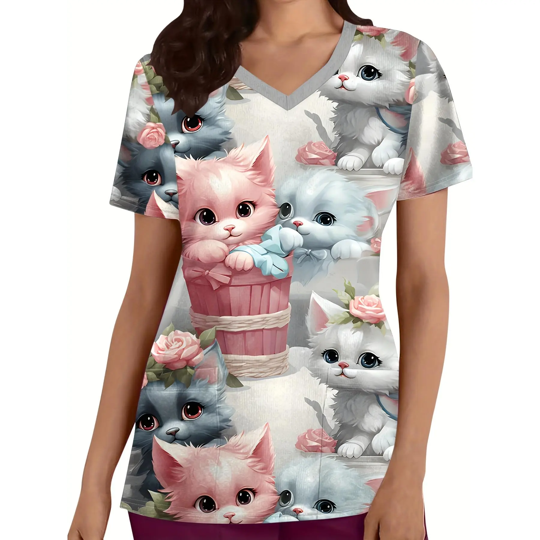 Cute Kitten Print V-neck Top, Comfortable and Practical Health Uniform, Women's Workwear