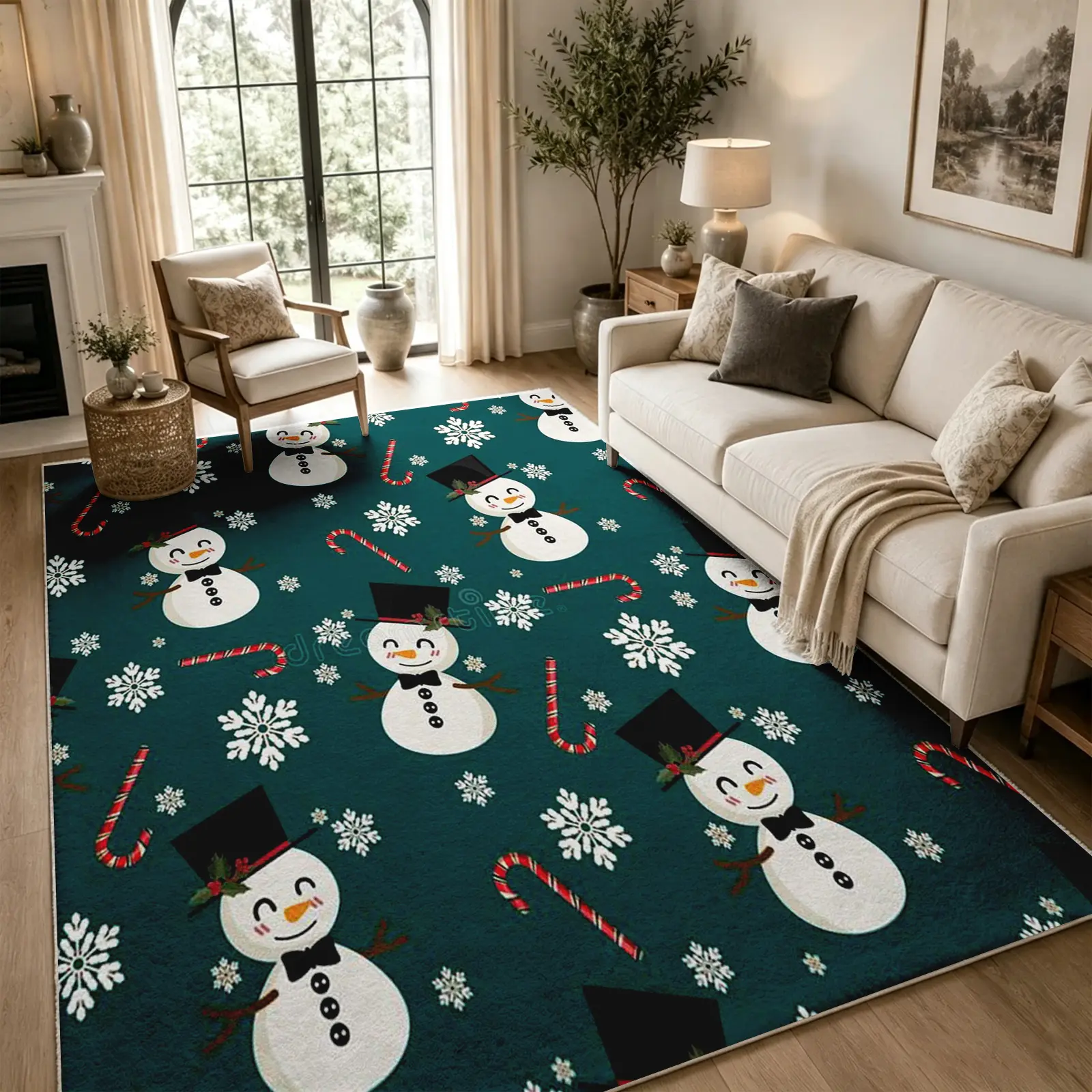 Whimsical Winter Snowman Rug, Dark Teal White Motif Carpet, Cozy Faux Cashmere, Machine Washable Non Slip Rug for Bedroom Living Room Dining Room Office, Holiday Christmas Gift, Home Decor (Various Sizes)