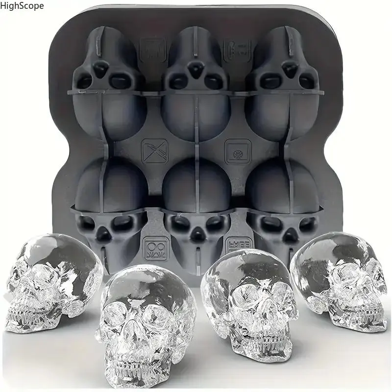 Skull Silicone Ice Molds for Spooky 3D Whiskey Cubes, BPA-Free Tray for Halloween Party Beverages, Beverage