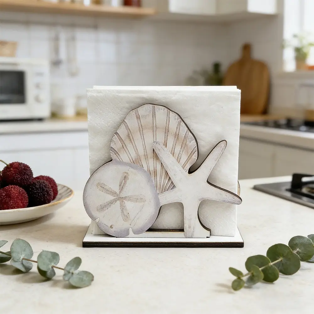Whitewashed Coastal Seashell Starfish Wooden Napkin Holder, Beach Table Tissue Storage Stand, Decorative Kitchen Home Accessory