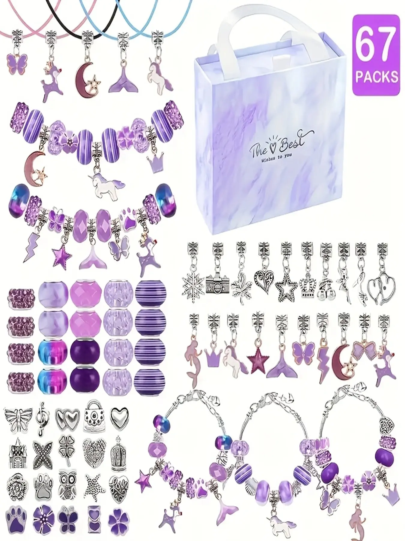 67-Piece Jewelry Making Kit, Diy Beading Accessories, Includes 61 Pendants, 3 Bracelets, 3 Necklace Chains, Perfect Gift for Birthdays and Holidays, Diy Accessories Set