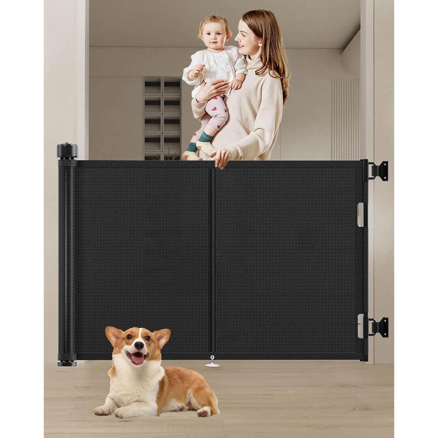 59 inch Retractable Baby  34 inch Tall, Retractable  with Reinced Strip Design to Prevent Crawling Through, 5 FT Retractable Dog   Stairs, Doorways, Hallways, Indoor/Outdoor child  garage Safety