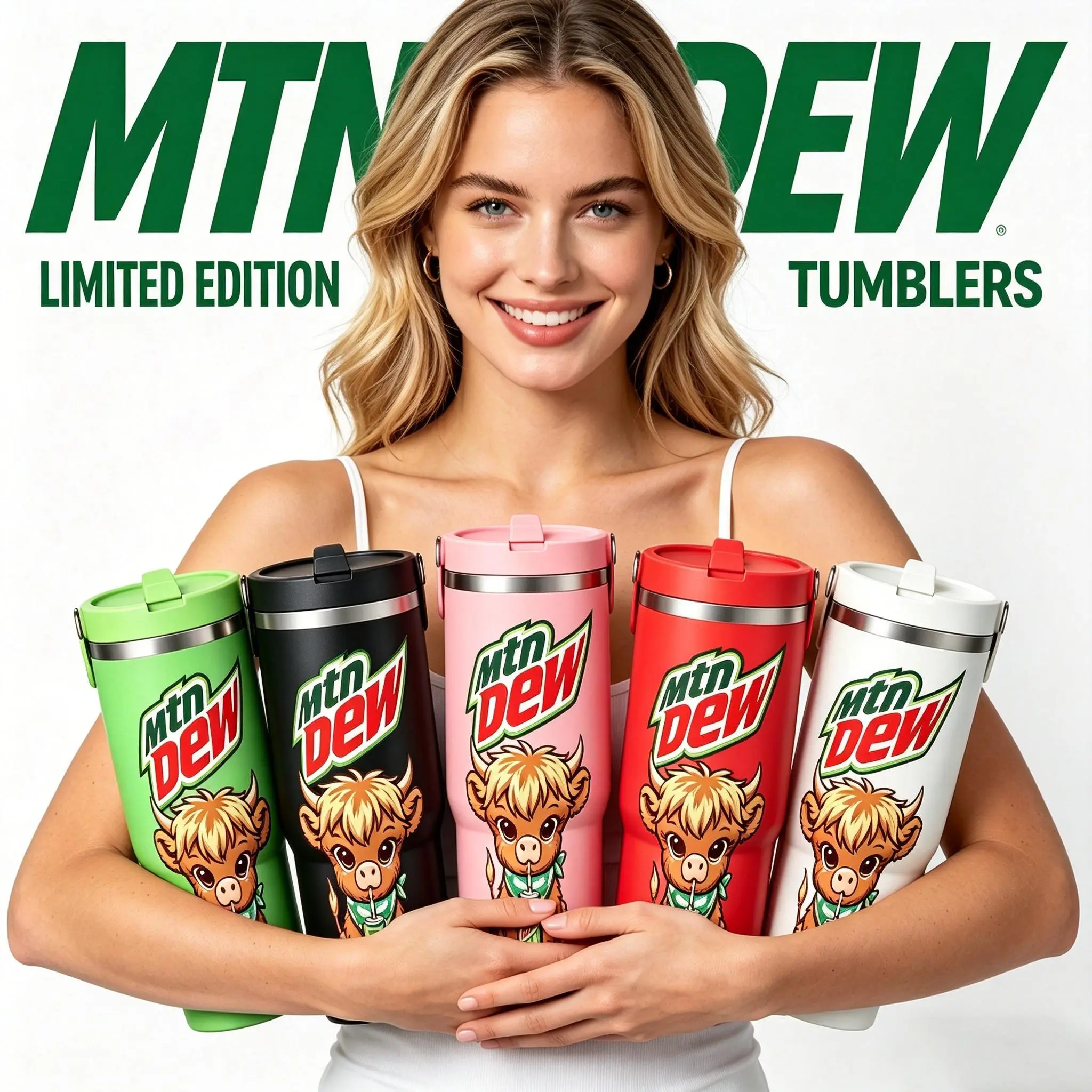 Mtn Dew Highland Cow-Themed Tumbler— 30oz Direct-Drinking Spout Design Portable Travel Mug & Car Cup Featuring a Cute Calf Pattern A Whimsical Highland Cow Style that Makes the Perfect Gift for Soda Enthusiasts and Farm Animal Lovers. funny