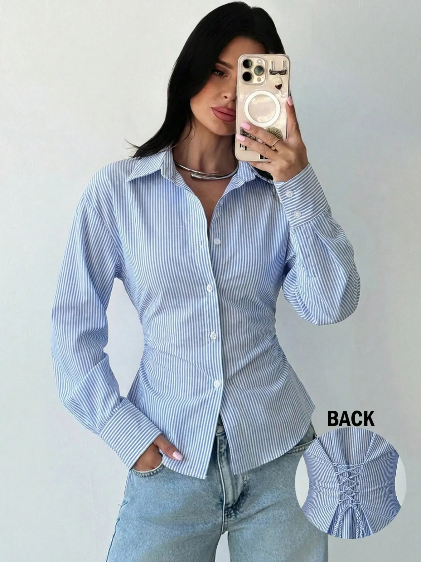 Women's Striped Button-Down Shirt, Long Sleeve Collared Slim Fit Waist Blouse, Blue White Casual Office Top, Perfect for Work, Daily Wear, Street Style, Brunch, Travel, Date Night, Trendy Versatile Elegant Basic Outfit for Ladies