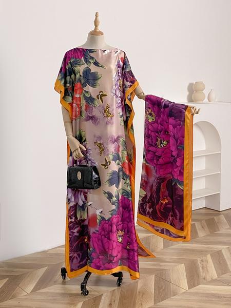 Women's Fashion Print Long Robe Set, Moomoo Dress + Scarf Headband, Casual Woven Fabric, Thin All-Season Wear, Beach Sun Protection