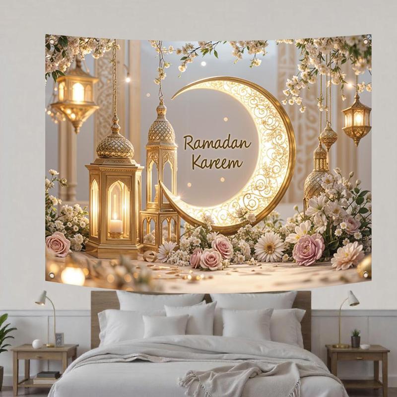 Ramadan Theme Backdrop, 1 Count Elegant Moon & Lantern Pattern Backdrop, Wall Decor for Home Living Room Bedroom, Party Decoration Supplies, Ornaments, Flowers
