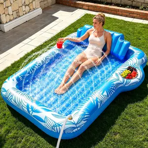 Inflatable Tanning Pool Lounger Float with Sprinkler, Extra Large Pool Floats Adult with Pillow 6 in 1 Suntan Tub Raft Floatie with Food Drink Holder, Blow Up Tanning Bed for Summer Pool Party(Gift)
