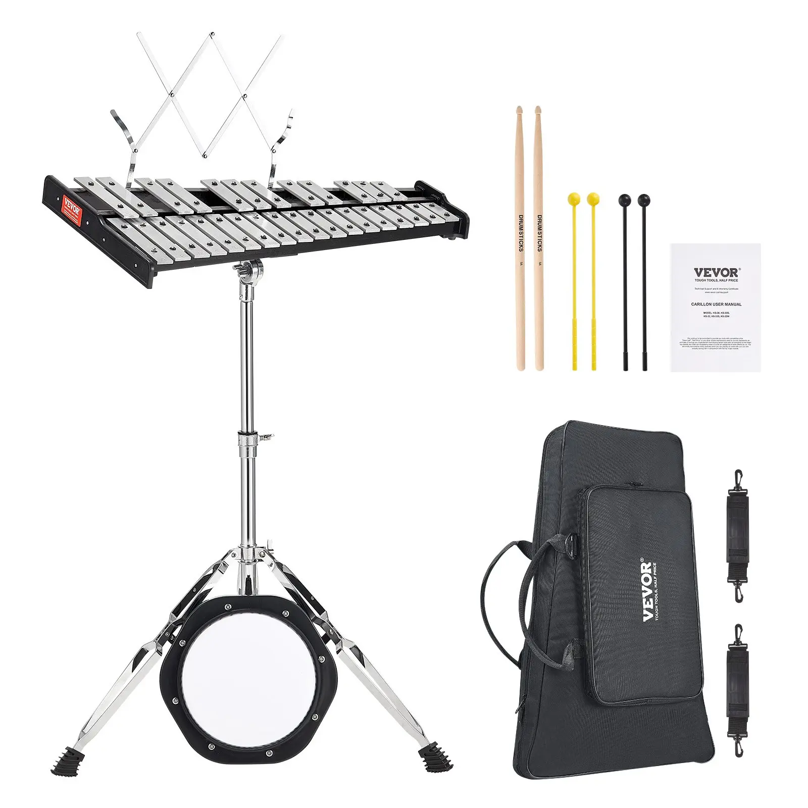 【DealsForYouDays】VEVOR 30 Note Glockenspiel Xylophone Bell Kit, Professional Percussion Instrument Set with Mallets, Drum Sticks, Music Stand, 8" Practice Pad, Adjustable Stand and Carrying Bag for Students Adults
