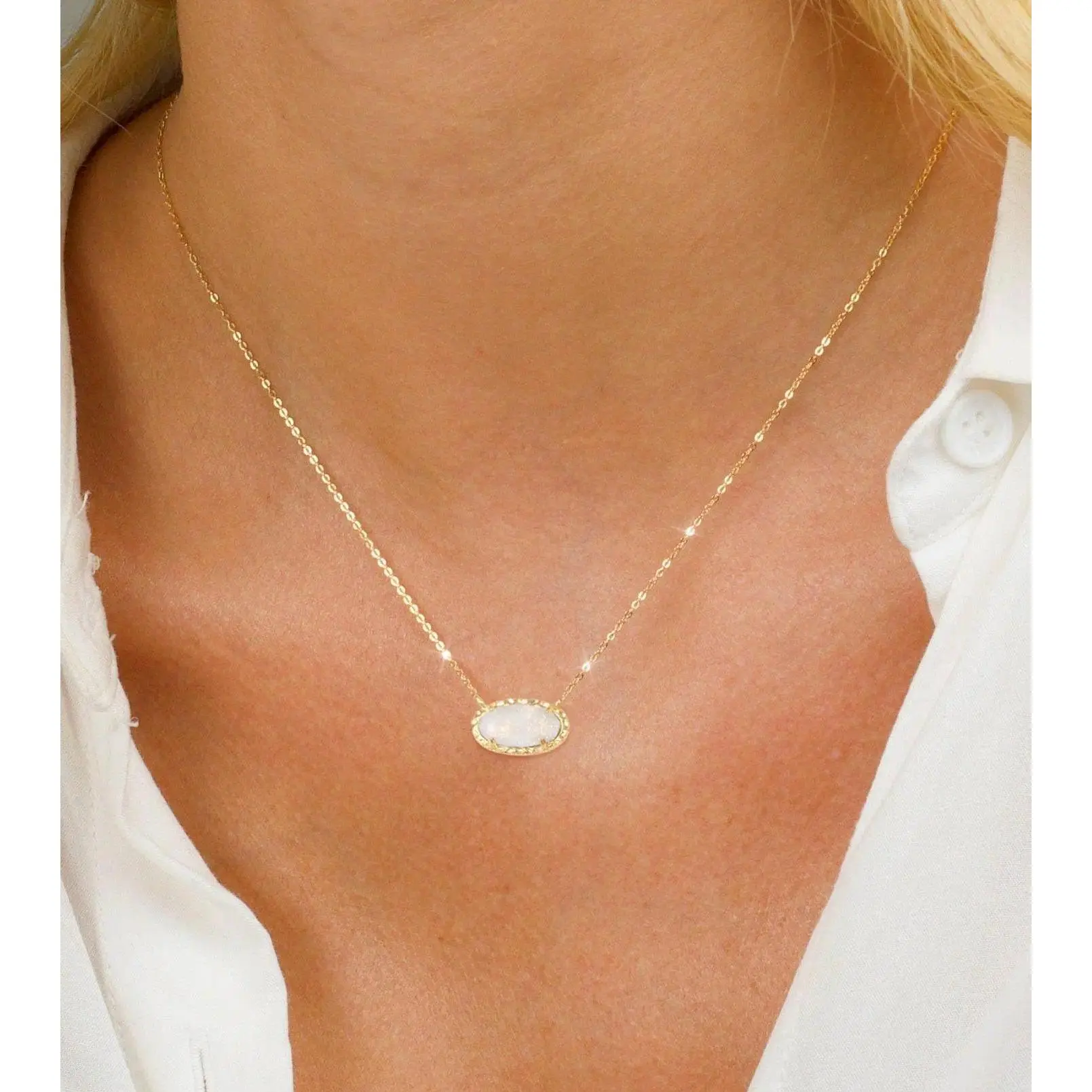 Chic Women's 14k Gold Plated Oval White Opal Pendant Necklace, Halo Grace Dainty Choker Jewelry for Daily Outfit Prom Wedding Bridesmaid Accent Mother's Day Birthday Gift