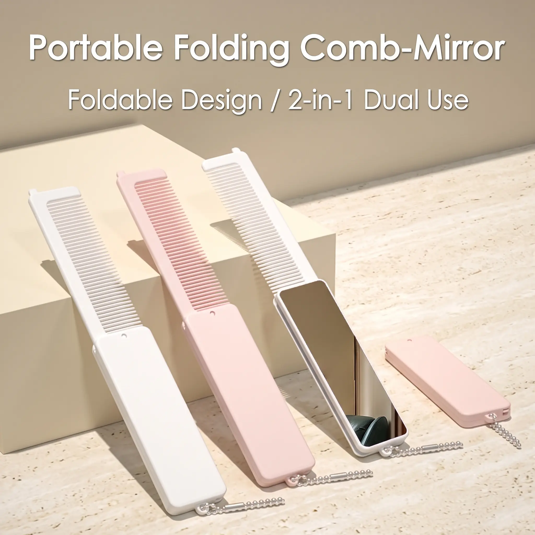 Folded 2-in-1 Hair Styling Comb Mirror - Portable Lightweight Travel-Friendly Compact, Smoothing Straight Hair Comb with Flexible Detangling Plastic Bristles hair comb,hair styling tool,makeup mirror-YY1
