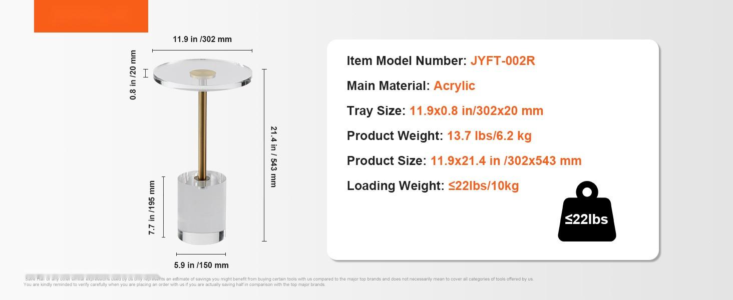 Clear Acrylic End Table With Solid Base, Round 11.9 by 11.9 Inch Tabletop, 21.4 Inch Height, Modern Glass-Like Side Table For Living Room, Bedroom, Home Office, Coffee Table Or Snack Table, Durable Transparent Furniture