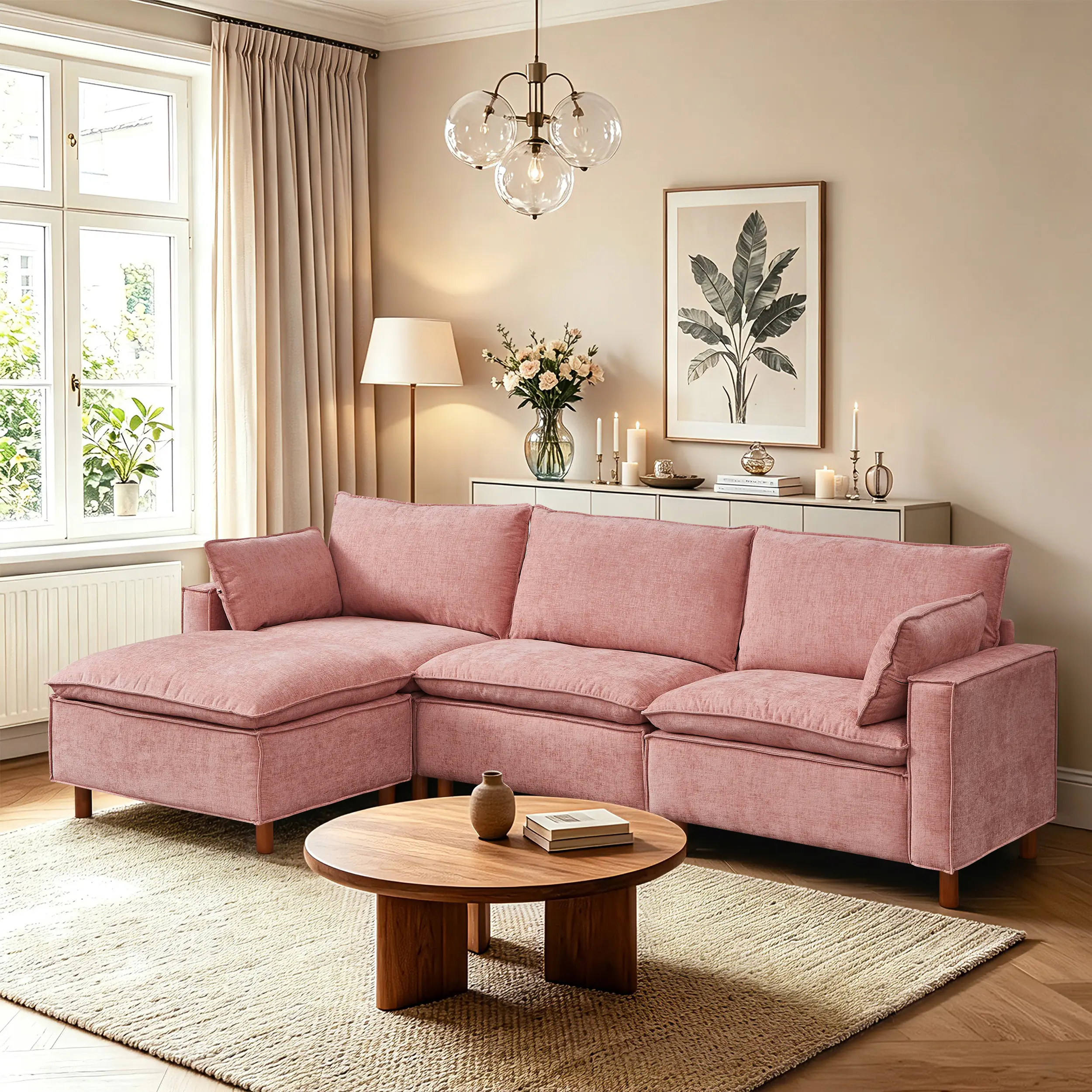 ARCH Modular Sectional L Shape Sofa with Movable Ottoman, 108.5" Wide Comfy Chenille Fabric Upholstered Couch, Cloud-Like 3-Seat Sofa for Living Room Apartment, Pink, Pink Color Options, Chenille Material, 3 Seat Seat Count, Product Dimensions: