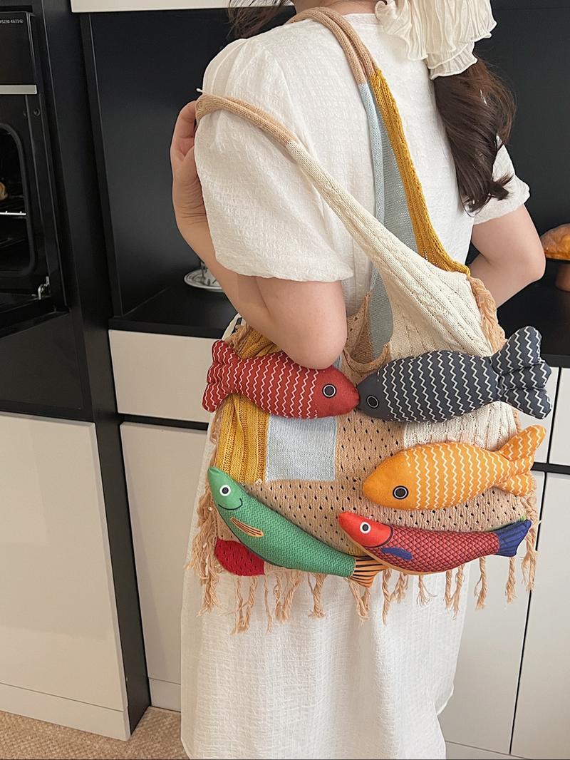 Stylish Rainbow Color Women's Knitted Bag with Colorful Fish Pattern, Versatile Shoulder Bag for Work, Shopping, Outings and Daily Use