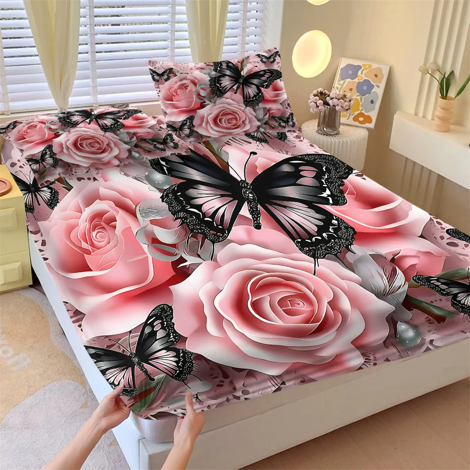 Romantic Pink Rose Black Butterfly Fitted Sheet Set, 1 Fitted Sheet & 2 Pillowcases No Fillers, Elegant Floral Butterfly Bed Sheet Set, Soft Deep Pocket, Sweet Gift for Girls Women Bedroom Dorm Decor