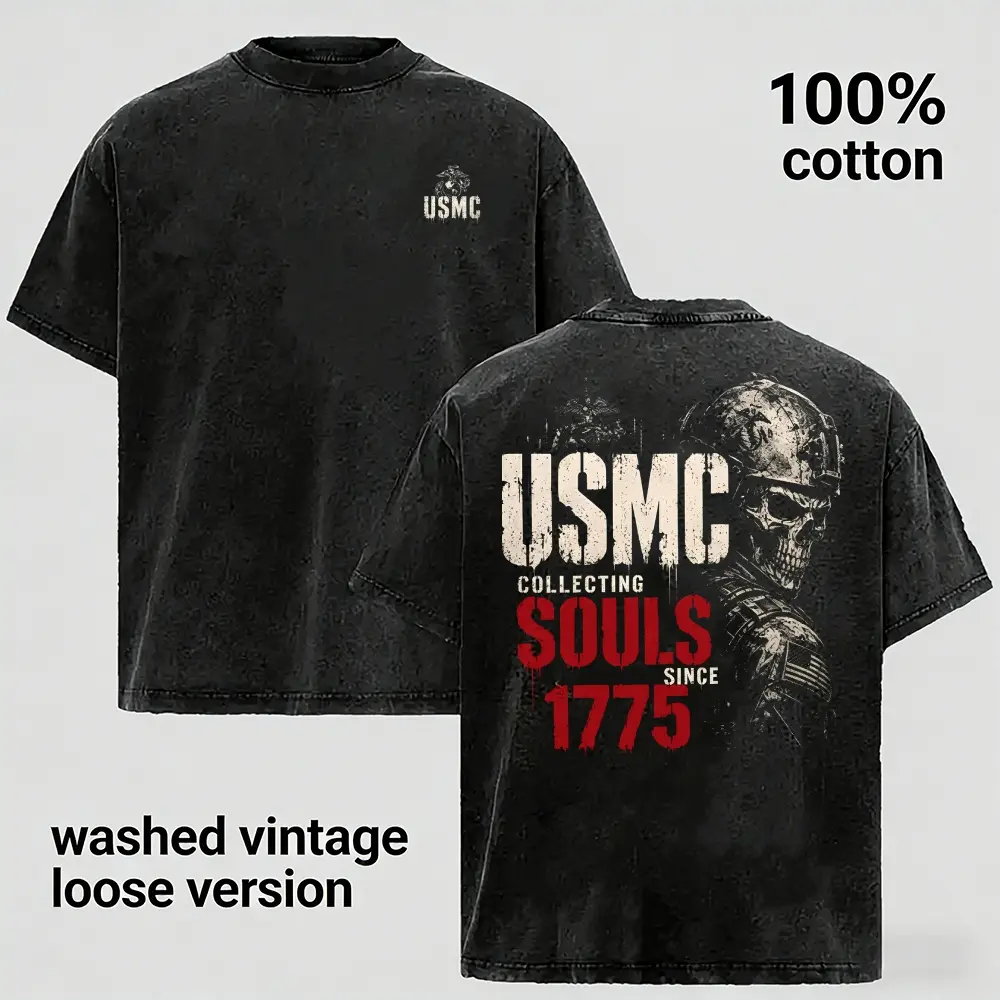 USMC Collecting Souls Since 1775 T-Shirt, Tactical Skull Graphic Heavyweight 100% Cotton Washed Vintage Tee, US Marine Corps Military Gift Men Loose Fit Short Sleeve